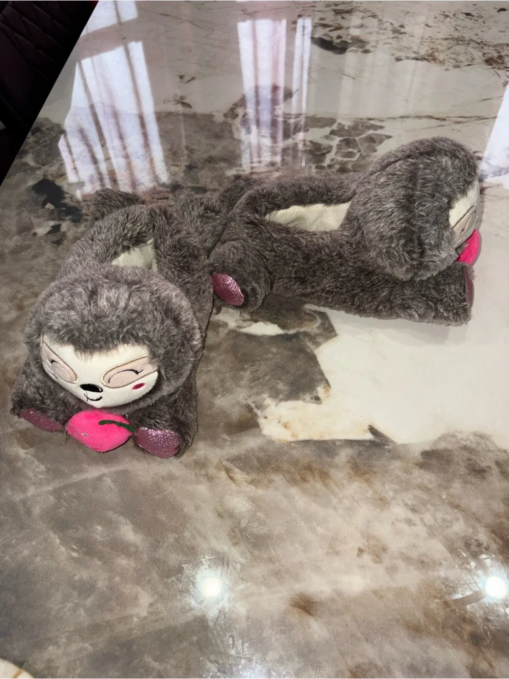 Plush Sloth Slippers with Pink Strawberry Accent